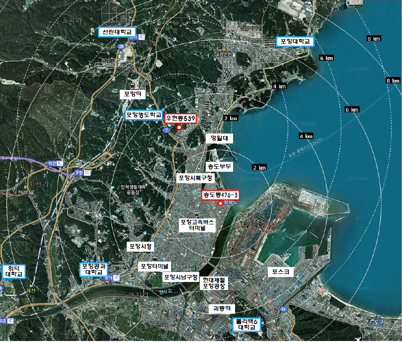 포항청년주택 건립사업 위치도 우현동 539, 송도동 476-3을 표시한 위성 사진