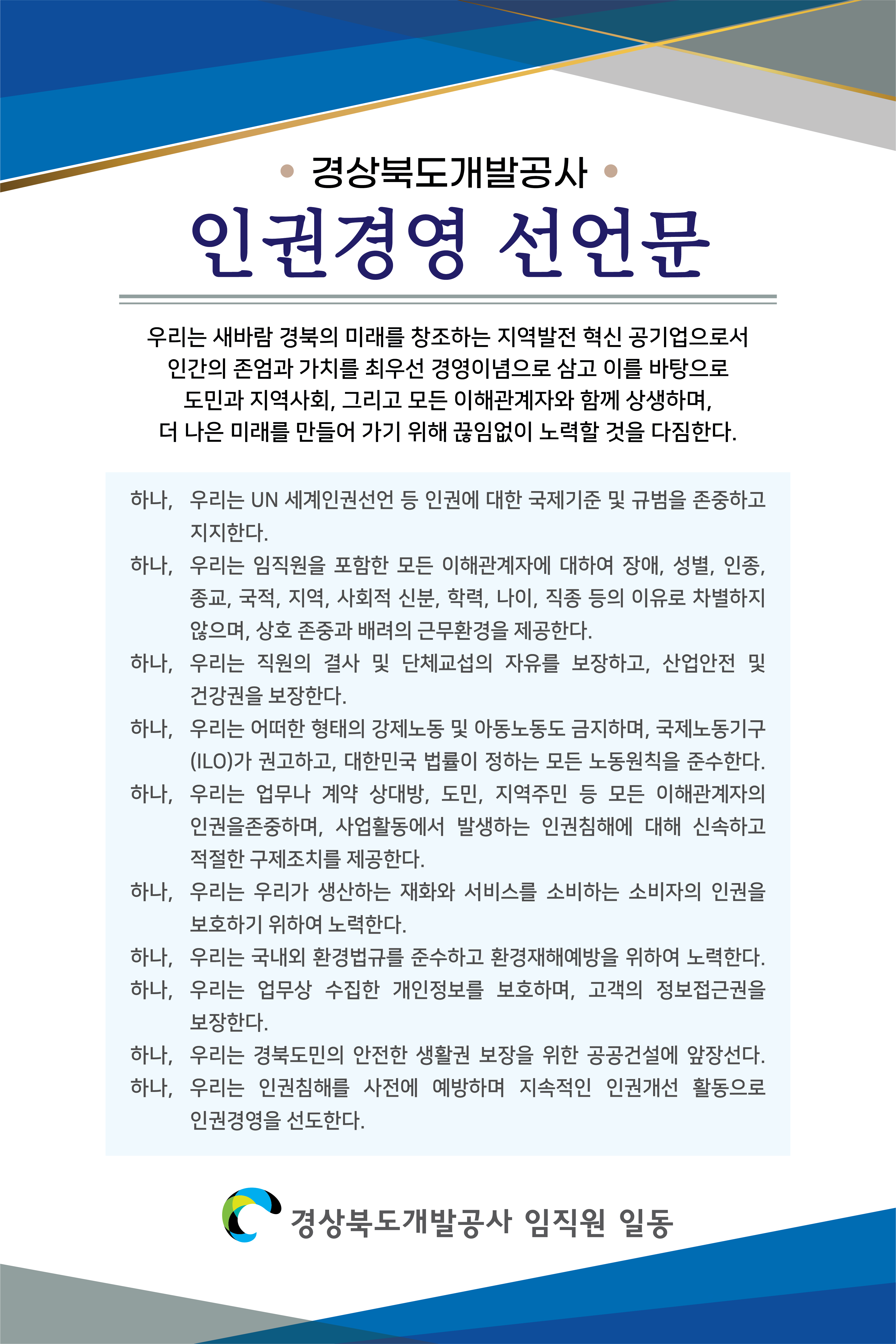 경상북도개발공사 인권경영 선언문 우리는 새바람 경북의 미래를 창조하는 지역발전 혁신 공기업으로서 인간의 존엄과 가치를 최우선 경영이념으로 삼고 이를 바탕으로 도민과 지역사회, 그리고, 모든 이해관계자와 함께 상생하며, 더 나은 미래를 만들어 가기 위해 끊임없이 노력할 것을 다짐한다. 하나, 우리는 UN 세계인권선언 등 인권에 대한 국제기준 및 규범을 존중하고 지지한다. 하나, 우리는 임직원을 포함한 모든 이해관계자에 대하여 장애, 성별, 인종, 종교, 국적, 지역, 사회적 신분, 학력, 나이, 직종 등의 이유로 차별하지 않으며, 상호존중과 배려의 근무환경을 제공한다. 하나, 우리는 직원의 결사 및 단체교섭의 자유를 보장하고, 산업안전 및 건강권을 보장한다. 하나, 우리는 어떠한 형태의 강제노동 및 아동노동도 금지하며, 국제노동기구(ILO)가 권고하고, 대한민국 법률이 정하는 모든 노동원칙을 준수한다. 하나, 우리는 업무나 계약 상대방, 도민, 지역주민 등 모든 이해관계자의 인권을 존중하며, 사업활동에서 발생하는 인권침해에 대해 신속하고 적절한 구제조치를 제공한다. 하나, 우리는 우리가 생산하는 재화와 서비스를 소비하는 소비자의 인권을 보호하기 위하여 노력한다. 하나, 우리는 국내외 환경법규를 준수하고 환경재해예방을 위하여 노력한다. 하나, 우리는 업무상 수집한 개인정보를 보호하며, 고객의 정보접근권을 보장한다. 하나, 우리는 경북도민의 안전한 생활권 보장을 위한 공공건설에 앞장선다. 하나, 우리는 인권침해를 사전에 예방하며 지속적인 인권개선 활동으로 인권경영을 선도한다. 경상북도개발공사 임직원 일동